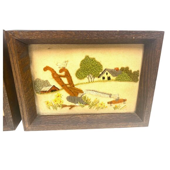 2 Cross Stitch Amish Country Plow Wheelbarrow Framed Hand Stitched Embroidered - Picture 6 of 12